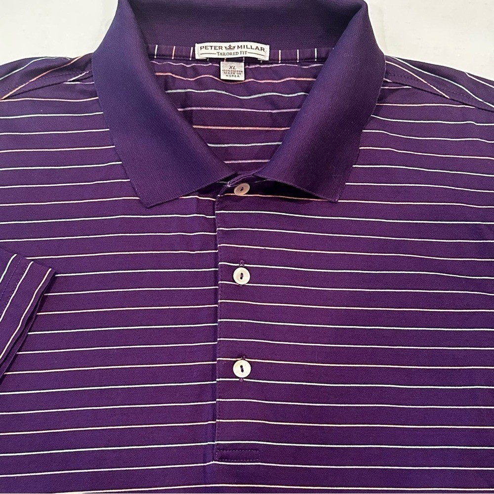 Peter Millar Striped Tailored Fit Golf Polo Men's XL Purple Preppy Activewear